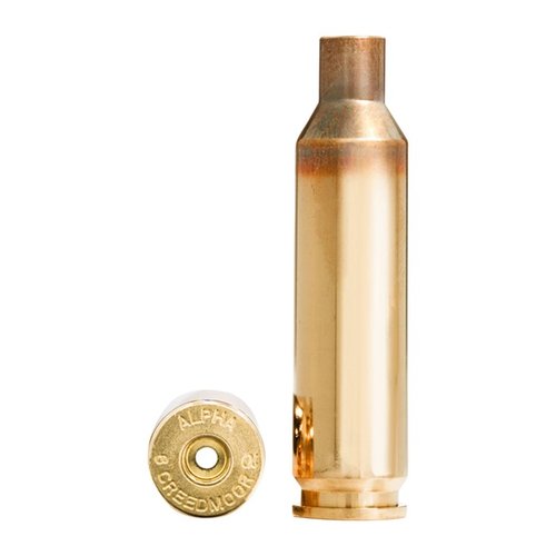 Alpha 6mm Creedmoor brass med OCD teknologi tilbyr langvarig primerpocket og hylseliv, tilgjengelig med stor eller liten rifle primer og 100 stk per boks.