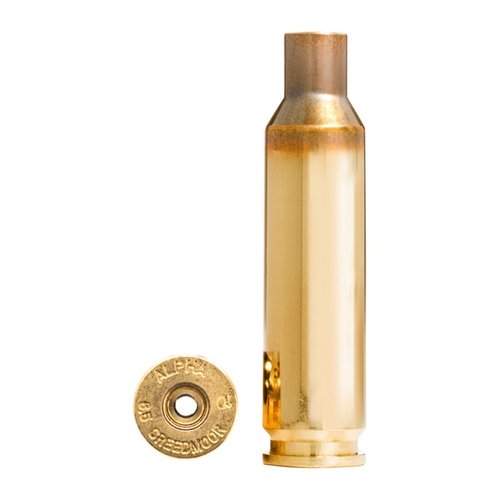 Alpha 6.5mm Creedmoor brass med OCD teknologi gir lengre levetid for primerlommer og hylser, tilgjengelig med Large eller Small Rifle prime pockets.