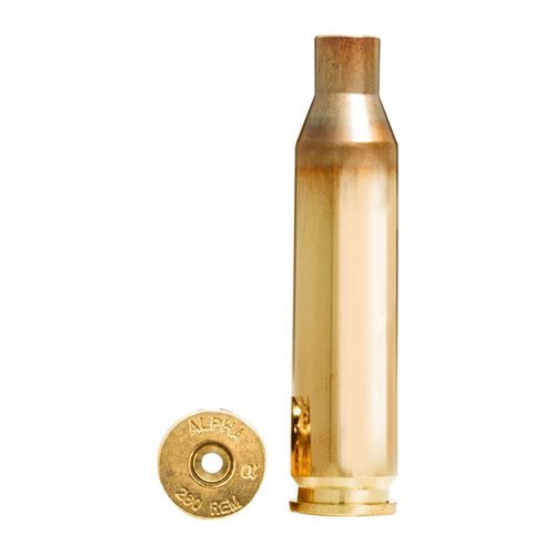 Alpha 260 Remington brass med OCD-teknologi for lengre levetid på primerlommer og hylser, leveres i 100-pakning med beskyttende plastkasser.