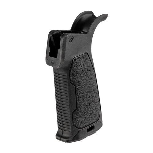 Strike Industries AR Overmolded Pistol Grip gir bedre kontroll med gummiert overflate, tre vinkler, komfortabel beaver tail og sikker oppbevaring under.