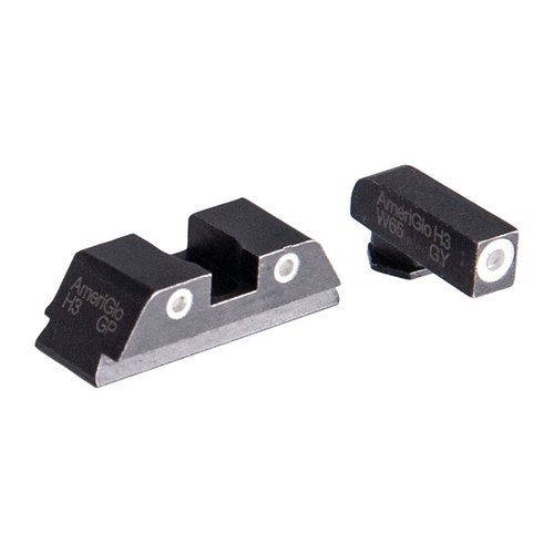 AmeriGlo Classic Night Sight-set for Glock gir deg forbedret sikte med lett synlige hvite omriss og grønne Tritium-vials for optimal ytelse, både dag og natt.