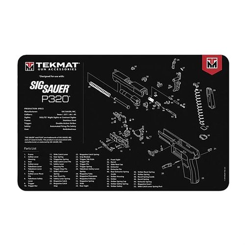 TEKMAT Pistol Gun Cleaning Mat for SIG Sauer P320 beskytter våpenets overflate under rengjøring, med en detaljert partsdiagram og en sklisikker bakside.