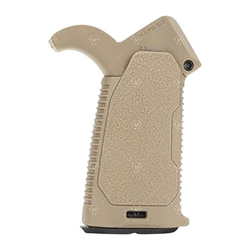 Strike Industries AR Multi-Angle Pistol Grip gir justerbar vinkel fra 10 til 35 grader for optimal ergonomi og håndtering, med praktisk lagring for verktøy.