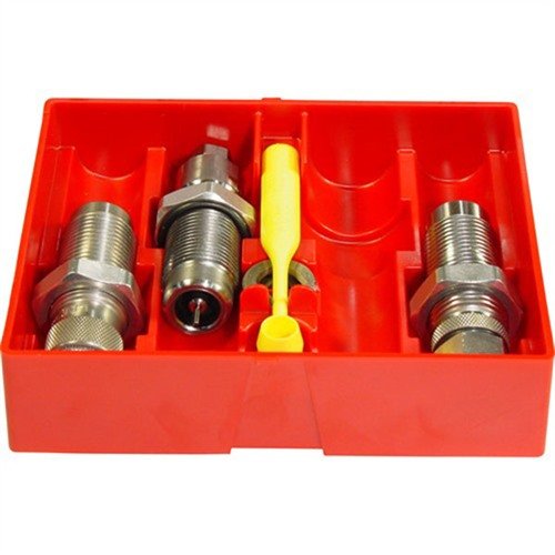 Dette Pistol Carbide 3 Die Set inkluderer Carbide Full Length Sizing Die, Bullet Seating Die og Powder Thru Expanding Die, og krever ingen sizing lube.