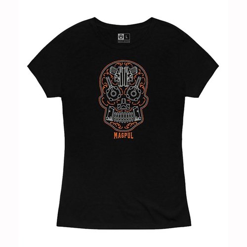 Magpul Sugar Skull T-skjorte i 52% ring-spun bomull og 48% polyester, med komfortabelt design, tag-less etikett og slitesterk dobbel søm, tilgjengelig i størrelse 2XL.