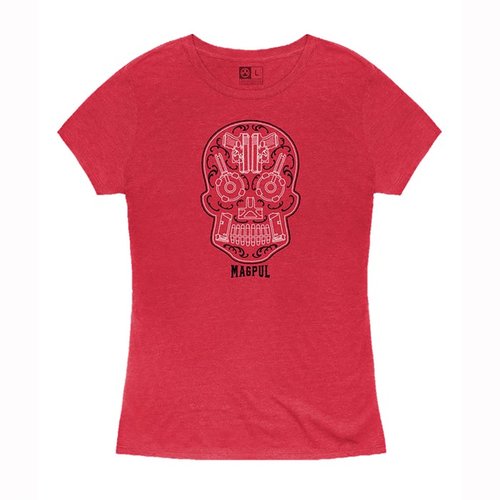 Oppdag Magpul Sugar Skull T-skjorte i rød melert, laget av myk, slitesterk blanding av 52% ring-spun cotton og 48% polyester for optimal komfort.