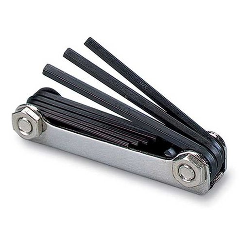 FOLD UP HEX KEY SET fra RCBS inneholder åtte varmebehandlede hex-nøkler som passer de fleste hex-hode skruer på RCBS-utstyr, lett tilgjengelig på benken.