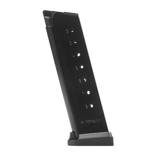 MEC-GAR 1911 45ACP magasiner er laget av sertifisert karbonstål, TIG-sveiset og varmebehandlet for holdbarhet, med pålitelig funksjon og rustfritt alternativ.
