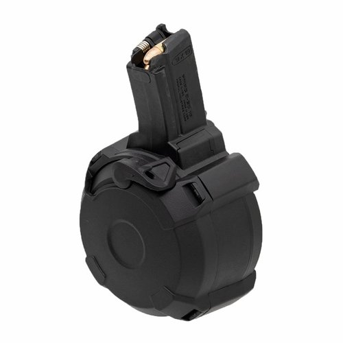 Magpul PMAG D-50 MP er et lett og robust trommelmagasin med 50 skudd, designet for HK94/MP5, med indikator for skudd og enkel rengjøring.