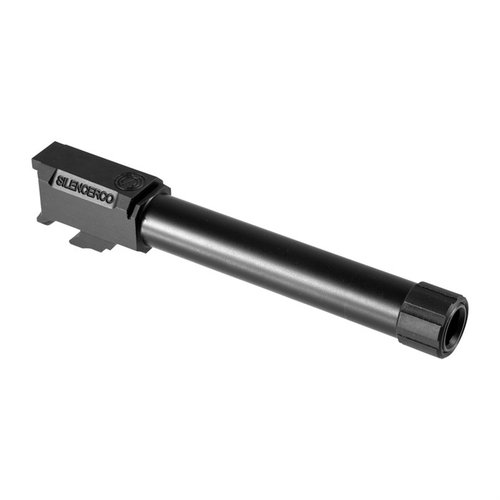 Silencerco's threaded barrel for Glock 22, laget av 416R rustfritt stål, passer til Gen 3 og Gen 4, og inkluderer en trådbeskytter.