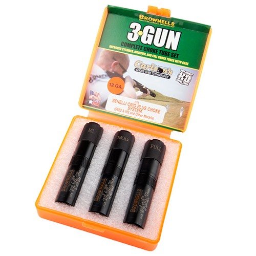 Brownells 12GA 3-GUN CRIO choke tube-set gir deg tre choker for nøyaktighet i 3-Gun konkurranser, laget av 1704 rustfritt stål for tette mønstre.