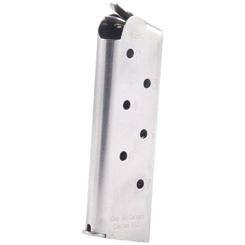 Chip McCormick 1911 Officer 7RD .45 ACP magasin gir ekstra kapasitet og pålitelig mating med avansert feed lip-geometri og Wolff-fjærer for optimal ytelse.