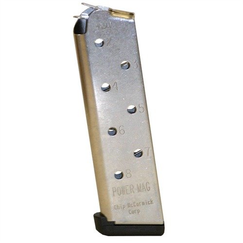 Chip McCormick 1911 8RD 45ACP Power Magazines tilbyr pålitelig ytelse med slitesterk design, feilfri mating og 8-runders kapasitet for optimal bruk.