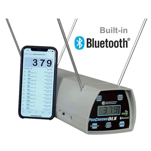 ProChrono DLX med innebygd Bluetooth tilbyr nøyaktighet på +/- .5%, 20+ timers drift, og minne for opptil 9 strenger med 99 skudd hver.