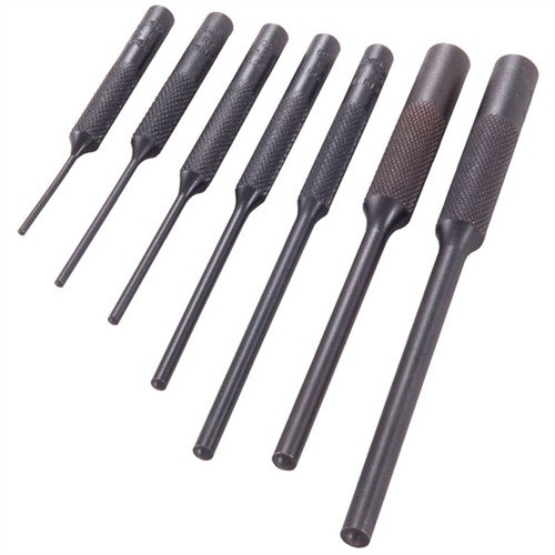 Brownells Roll Pin Punches gir presis fjerning og installasjon av rull- og fjærpinner uten skade, med solid stål, knurling for bedre grep og spherisk tupp.