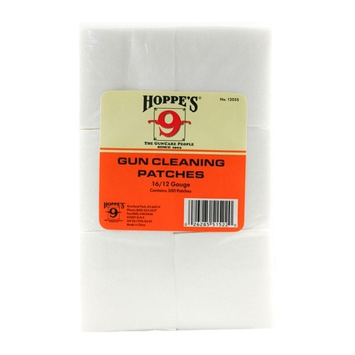 Hoppes Patches 16/12ga 300 Pack gir deg høykvalitets bomullspatcher for effektiv rengjøring av våpen, perfekt for både hobbyister og profesjonelle.