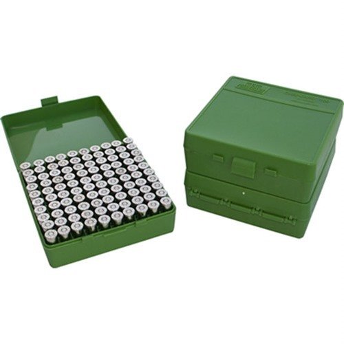 MTM Ammo Box 100 Round Flip-Top for 40, 10mm og 45 ACP gir enkel tilgang, solid beskyttelse og effektiv oppbevaring av ammunisjon.