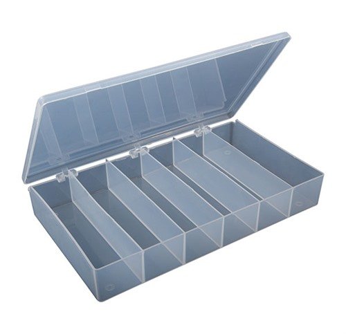 Tøffe, gjennomsiktige COMPARTMENT BOXES i klar polypropylen med 6 rom for enkel identifikasjon av innhold. Motstandsdyktig mot oljer og løsemidler.
