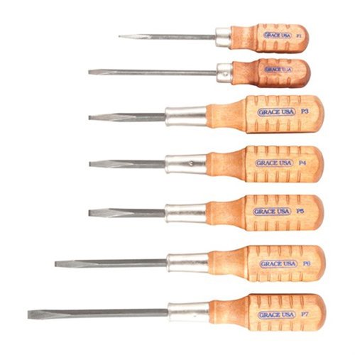 PISTOLSMITH SCREWDRIVER SET fra GRACE USA tilbyr presise, forhåndsgrunnet skrutrekkere med robust håndtak, perfekt for Colt, S&W og Ruger® håndvåpen.