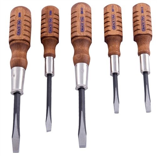 Browning screwdriver-set fra GRACE USA tilbyr presise, forhåndsgrunnete skrutrekkere med hardet spiss og trehåndtak, perfekt for Browning A-5 Shotgun.