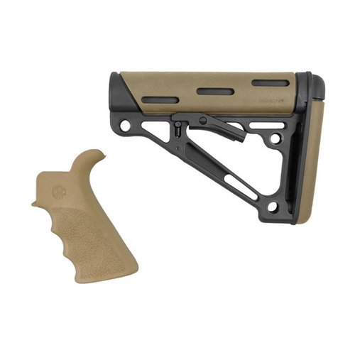 Hogue's 2-dels kit med finger grooved beavertail gummigrep og sammenleggbart buttstock gir komfort, anti-rattle passform og flere monteringsmuligheter.