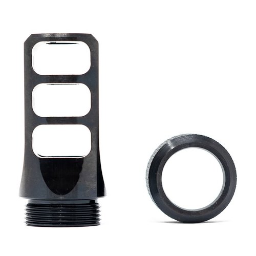 MUZZLOK 8.6 BLACKOUT 3-PORT MUZZLE BRAKE gir enkel installasjon uten crush washer, justerbart og lett å fjerne i feltet for rask timing.
