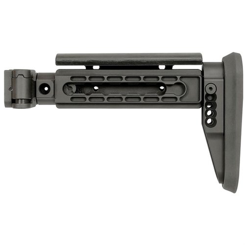 AK ALPHA SERIES FOLDING STOCK fra MIDWEST INDUSTRIES har justerbar kinnstøtte, robust sidefolding mekanisme, og 3 QD sling festepunkter for optimal bruk.