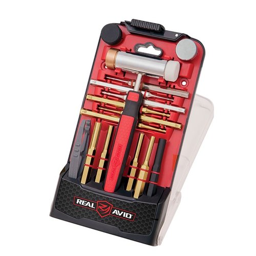 ACCU-PUNCH hammer-set med ergonomisk grep, 4 utskiftbare hoder og både messing- og stål-puncher for presis fjerning og installasjon av våpenpinner.