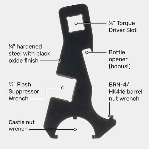 BRN-4/HK416 Combo Wrench fra Brownells er en alt-i-ett verktøy med castle nut, barrel nut, flash hider, flaskeåpner og ½” drive ratchet, laget av herdet stål.