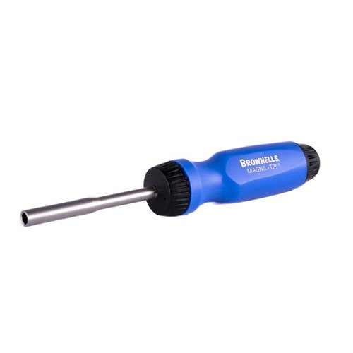 Få presisjon og kontroll med Brownells Magna-Tip® Ratcheting Screwdriver, som har en ergonomisk håndtak, 3-vejs ratchet og aksepterer alle Magna-Tip® bits.