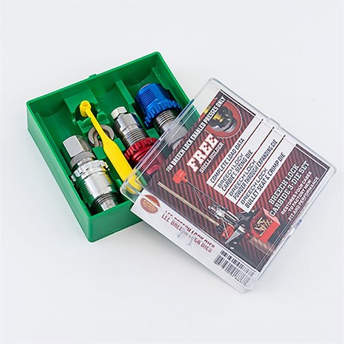 Lee Handgun Breech Lock Carbide 3-Die Set inkluderer Carbide Full Length Sizing Die, Bullet Seating Die og Powder Thru Expanding Die, med Smart Lock bushings.