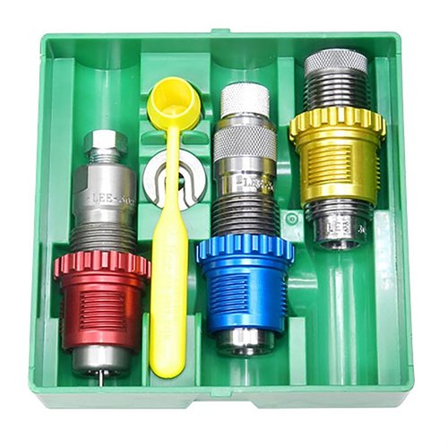 Lee Rifle Breech Lock 3-Die Set gir enkel identifikasjon med fargede Smart Lock-busser, Full Length Sizing Die og Factory Crimp Die for presis omforming.