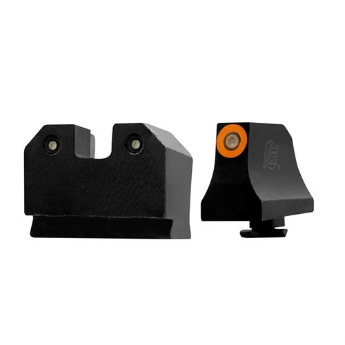 XS R3D Night Sights for Glock 43X/48 gir en lysende 3-dot tritium sikteopplevelse, optimal synlighet i både lys og mørke, tilgjengelig i oransje eller grønn.