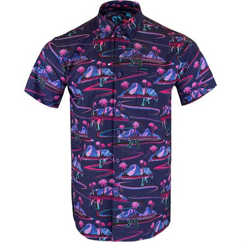 RETRO RIFLE kortermet button down skjorte er lett og pustende, laget av 97% Polyester og 3% Spandex, perfekt for varme dager på skytebanen.