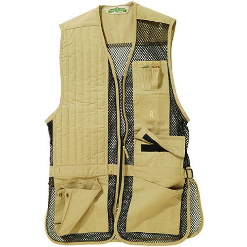 BOB ALLEN FULL MESH SHOOTING VEST er lett og pustende, med lommer for Choke Tube, justerbare sider og plass til haglepatroner, perfekt for skyttere.