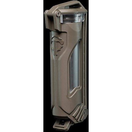 CELLVAULT-18 beskytter 18650 og 18350 batterier med vanntett konstruksjon, metallspenne og sidevinduer for enkel statuskontroll, perfekt for taktisk bruk.