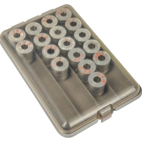 MTM POWDER & SHOT BUSHING BOX holder for standard bushings, med klar snap-lokk for enkel identifikasjon. Kompakt, stabelbar og laget for å vare.