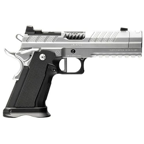 XP Comp 9mm semi-automatisk pistol med 1911-design, Glock® 17 magasin, holdbar CNC-maskinert konstruksjon og integrert kompenseringssystem for optimal ytelse.