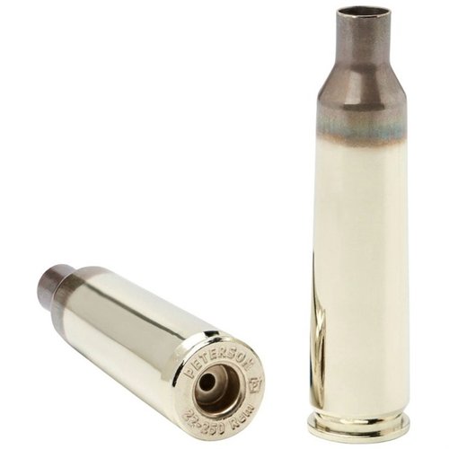 PETERSON CARTRIDGE 22-250 REMINGTON BRASS tilbyr match-grade presisjon, varmebehandlet styrke, og pålitelig antenning for overlegen ytelse i hver patron.