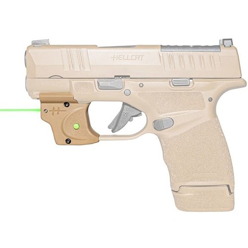 Viridian E SERIES™ grønn laser sikte for Springfield Hellcat gir enkel montering, 100 yards rekkevidde, og 60+ minutters batterilevetid for rask måletaking.