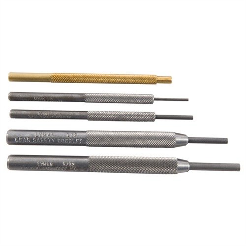 Lyman PISTOL PUNCH SET inneholder fem presisjonsmaskinerte stål- og messingverktøy for enkel demontering og montering av pistoler, med godt grep og maksimal styrke.