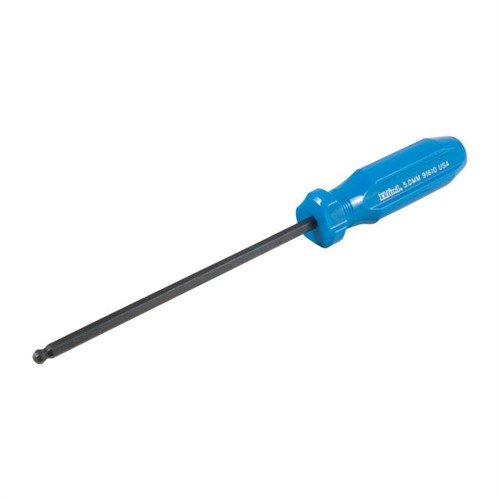 5MM Ball End Hex Screwdriver fra Brownells har et 5mm forlenget hex bit, ball end, varmebehandlet stål, rød polymerhåndtak og en lengde på 5,4