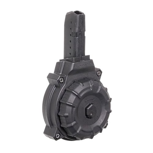 AR-15 Glock-Style Drum Magazine 9mm gir deg 50 skudd kapasitet, laget av slitesterk Zytel-polymer og kompatibel med alle Glock-magasinkompatible AR-er.