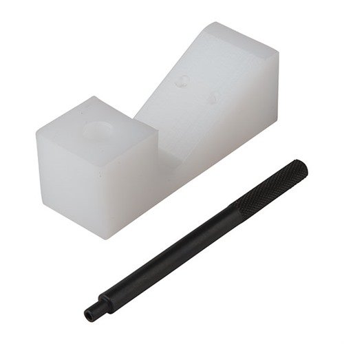 GAS BLOCK ASSEMBLY FIXTURE med roll pin starter gjør det enkelt å installere gassrøret og sette inn rollpinnen i gassblokken, noe som sikrer presisjon.