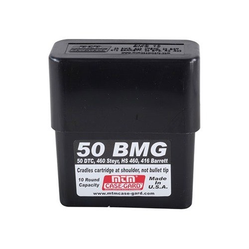 MTM CASE-GARD rifle ammo boks for 50 BMG, designet for 10 patroner med glidelokk, gir beskyttelse for kuletips og holder dem sikkert på plass.