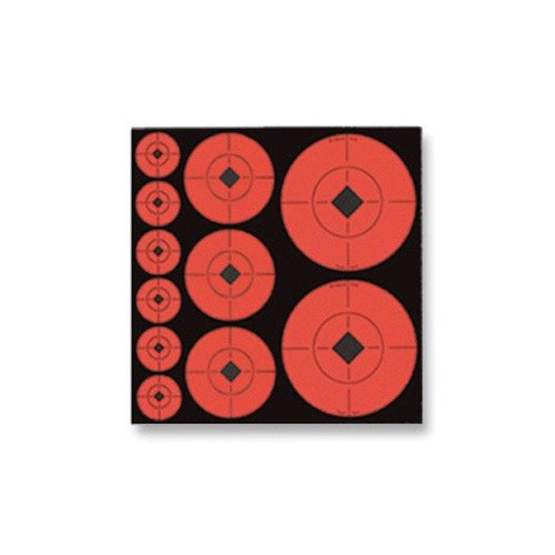 Selvheftende, fluorescerende oransje måltavleskilt med svart diamant i midten og krysse linjer. Høy synlighet, perfekt for å justere rifler.
