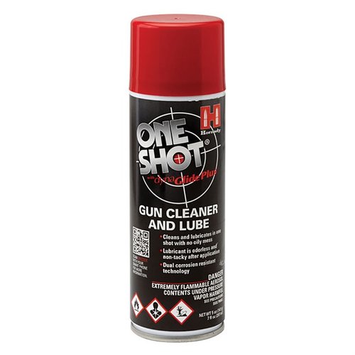 Hornady One Shot Gun Cleaner og Dry Lube reduserer friksjon, renser smuss og grus, og gir en tynn, tørr smøring som tåler varme og kulde.