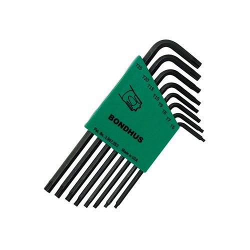 BONDHUS 8 PC TORX WRENCH SET inkluderer wrencher for T6 til T25, lagret i en låsbar mappe som forhindrer tap av verktøy. Perfekt for skruer til kikkertsikter.
