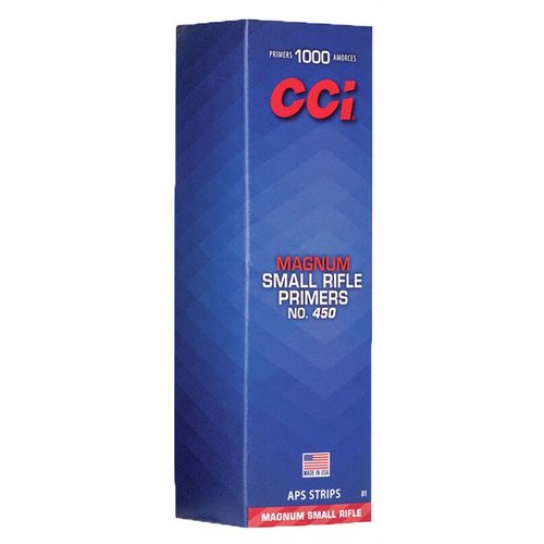 CCI #450 små rifle magnum primers er renbrennende, lettere å sette, mer følsomme og gir jevn mating i automatisert utstyr, perfekt for progressive reloaders.