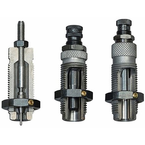 RCBS 3-DIE CARBIDE TAPER CRIMP SET for 45 ACP gir deg en sizer die uten behov for smøring, en expander die for munning, og en seater die med taper crimp.